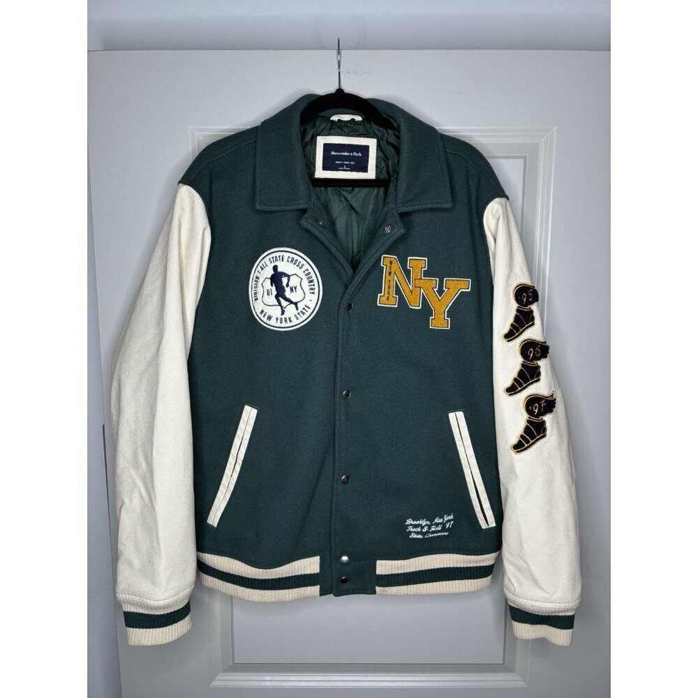 Abercrombie & Fitch Varsity Letterman Jacket Green NY Size Large - Picture 3 of 10